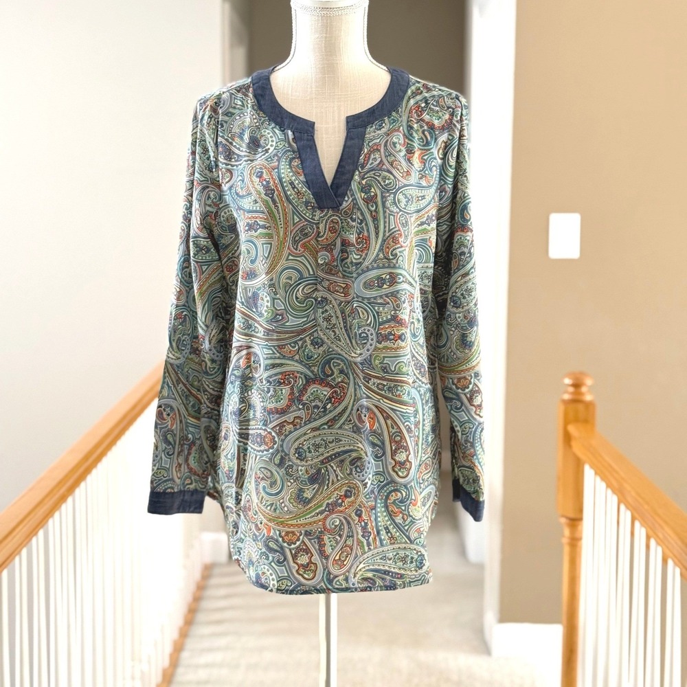 Liz Claiborne Petite‎ Paisley Split Neck Blouse Blue Orange Green PL Long Sleeve - Picture 2 of 11